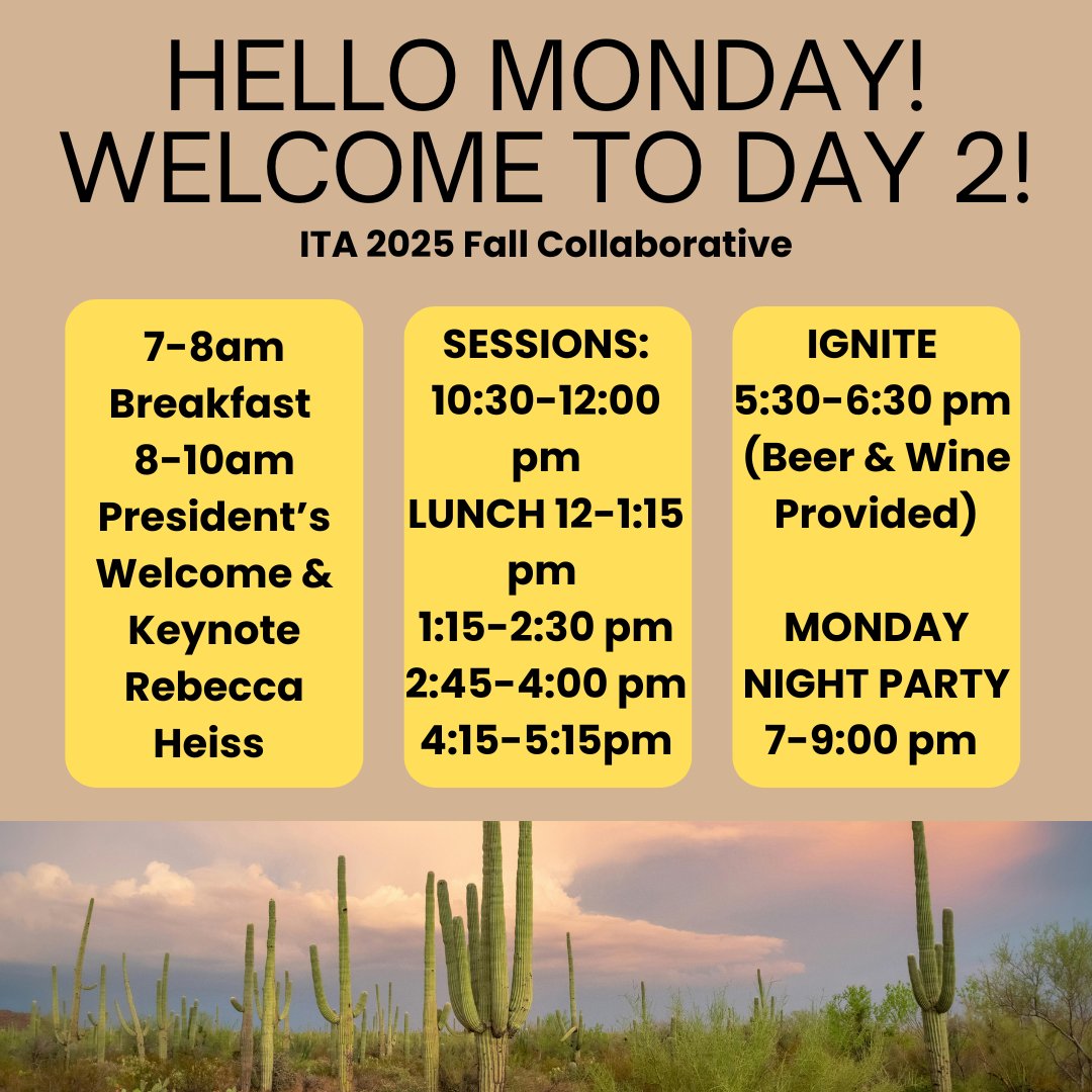 Hello Monday!
Welcome to Day 2 of the #ITAlliance 2025 Fall Collaborative!
Today is packed with inspiring keynote speakers, engaging sessions,and opportunities to reconnect with old colleagues and meet new faces in the industry. 
✨IGNITE at 5:30 and Monday Night Party at 7pm.