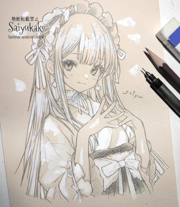 和風ロリータ 鉛筆とホワイトで描いたイラスト Pencil and white #アナログ絵 #illustration