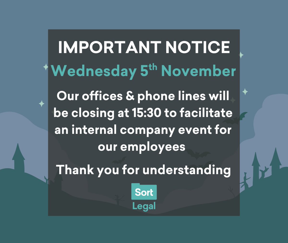 ❗ IMPORTANT NOTICE ❗
Please note: our offices &amp; phone lines will close at 15:30 on Wednesday 5th November, to facilitate an internal company event for our employees
Our office &amp; phone lines will be back open at the usual time on Thursday 6th November
Thank you for understanding