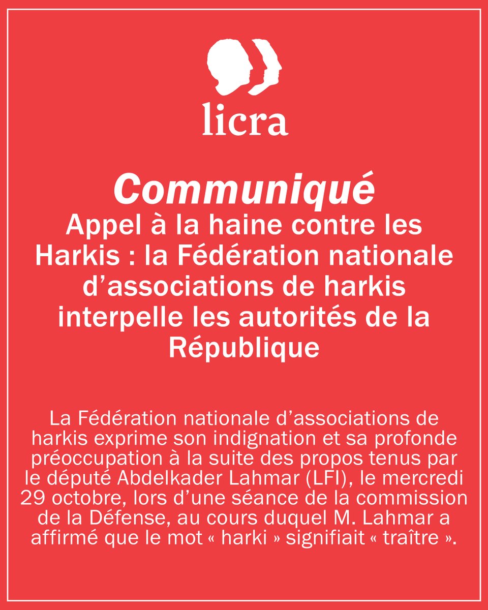 La Licra partage le communiqué de la Fédération nationale d’associations de harkis, qui réagit avec dignité et fermeté aux propos tenus à l’Assemblée nationale assimilant le mot harki au mot « traître ».

📌 Les mots ont un sens. Les déformer, par ignorance ou par calcul