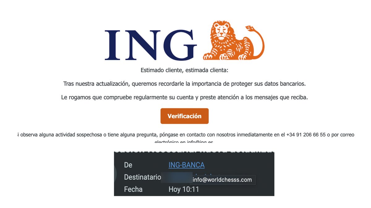 daniortega's tweet image. Nueva oleada de #phishing. Eso sí, hay que reconocer que son educados y educadas. #Spam @ING_es