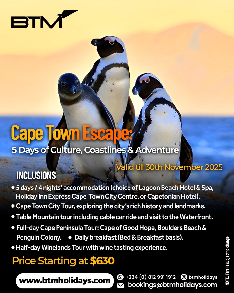 Experience a 5-day Capetown escape. Enjoy guided tours, table mountain, wine tasting and more; all starting at $630 
Valid until November 30, 2025. 

#findyourjoyinSA #travelwithbtm #capetown #btmtravel #SA #btmlimited #vacation2025 #southafrica