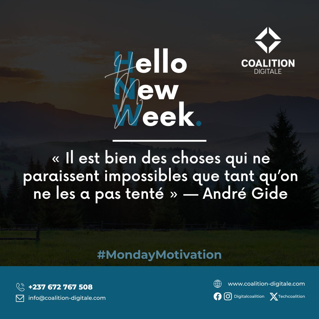 TechCoalition's tweet image. #SmartMonday  💡
💪 « Il est bien des choses qui ne paraissent impossibles que tant qu&apos;on ne les a pas tentées. »
— André Gide
💪 Ose franchir le pas ce lundi ! 🚀 Quelle action vas-tu tenter cette semaine ? 
Partage en commentaire ! 👇 
#DigitalCoalition
#CoalitionDigitale