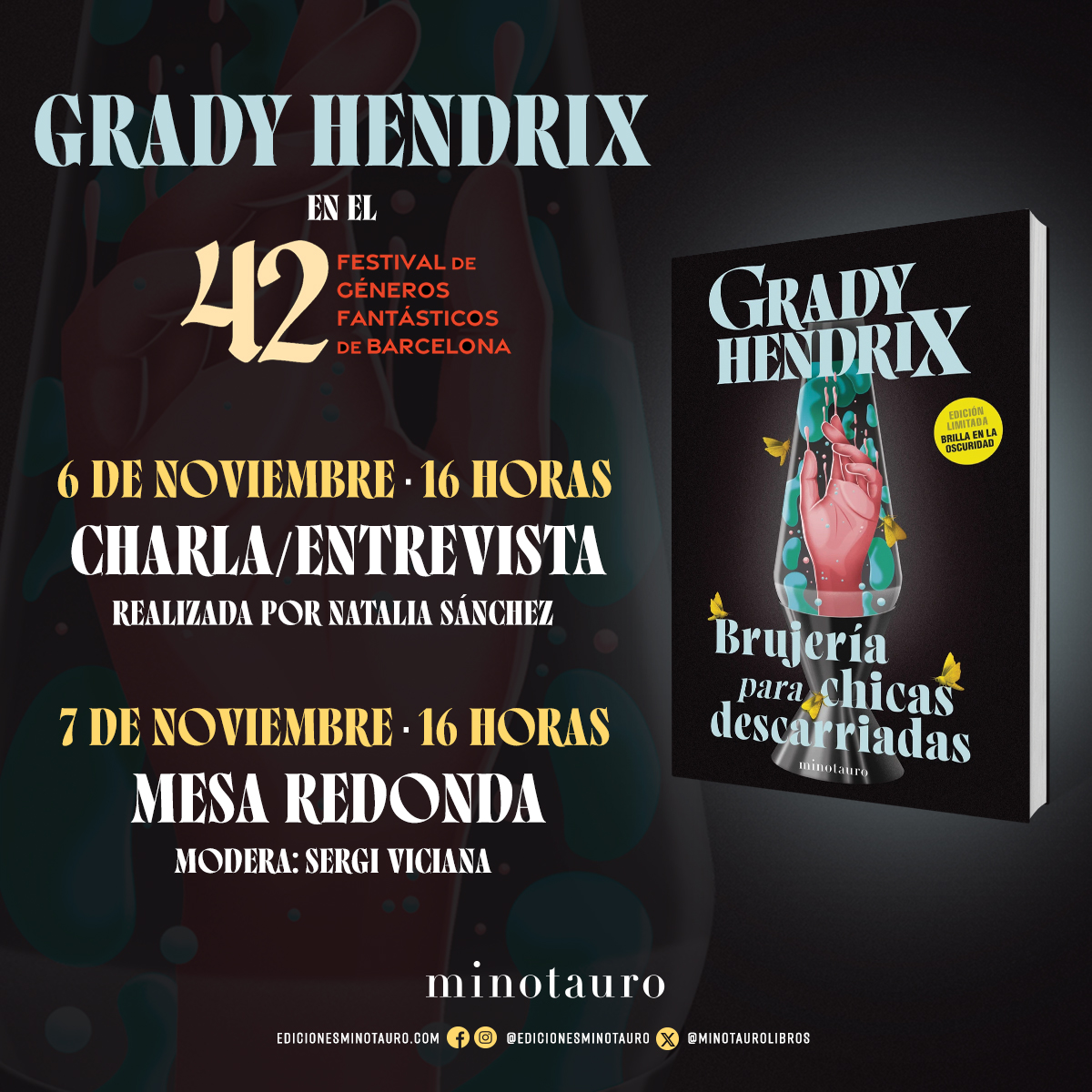 📣 ¡<a href="/grady_hendrix/">Grady Hendrix</a> presenta #BrujeríaParaChicasDescarriadas esta semana en Madrid y Barcelona! 👇

MADRID
🗓️ 5 de noviembre
🕐 19:00
📍 Tr.ª del Arenal, 2 (<a href="/lamistralmadrid/">Librería La Mistral</a>)

BARCELONA
🗓️ 6 y 7 de noviembre
🕐 16:00
📍 Fabra i Coats

📄 Ver programación #Festival42BCN: