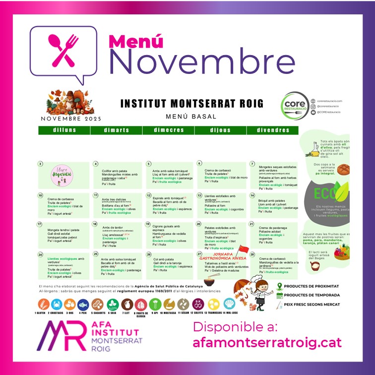 Com va el dia de lliure elecció❓ 

Nosaltres avui estem fent feina amb i per les famílies de l'Institut Montserrat Roig.
Entre d'altres👇
🍽️ Acabem de publicar el menú del mes de novembre de 2025

🔗 afamontserratroig.cat/serveis/menjad…

#somafa #somsecundària 
#sompública