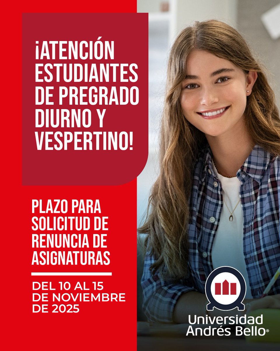📣 Atención estudiantes de Pregrado (diurno y vespertino)

🔔 La solicitud de renuncia a asignaturas será entre el 10 y 15 de noviembre📅 
💻 Ingresa a tu Intranet, sección "Solicitudes", para realizar el trámite.

🚫 Excluye Advance y Postgrado

¡No lo dejes para el último día!