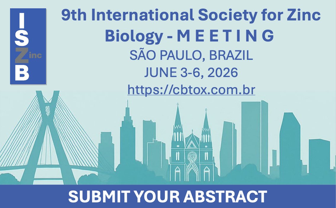 Abstract submissions are now open for oral and poster presentations on all aspects of zinc biology for the 2026 International Society for Zinc Biology (ISZB) Conference! 🇧🇷
Deadline for submissions: 15 December 2025.