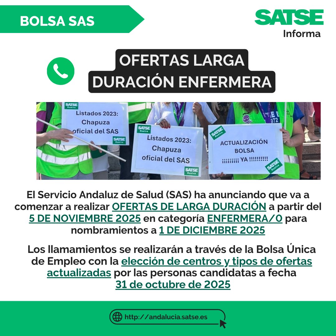 ‼️ #SATSE Informa: Llamamientos para ofertas de larga duración de #Enfermera/o a través de la Bolsa de #Empleo SAS
☎️El SAS comenzará a ofertar contratos a partir del 5 de noviembre, para nombramientos con inicio a 1 de diciembre
🏥Los centros estarán actualizados a 31/10/25