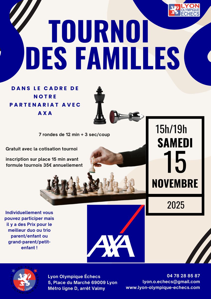 Deux tournois spéciaux arrivent prochainement au LOE !
Le premier tournoi, réserver au plus de 50 ans, se tiendra lundi 10 novembre de 15h à 19h.
Le second tournoi, ouvert à tous, aura lieu le samedi 15 novembre de 15h à 19h. Venez nombreux !
#chess #lyon