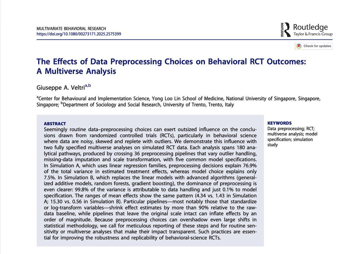 New paper: Think your choice of statistical model drives your RCT results? Think again. Using a multiverse analysis that preprocessing decisions (standardisation, outlier removal, etc.) can inflate or shrink treatment effects by over 90%, while model choice barely registers.