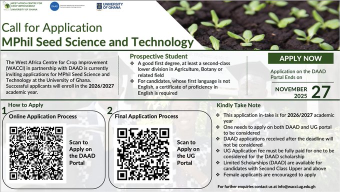 the_ACEProject's tweet image. The @wacci_gh, invites applications for the 
@DAAD_Germany In-Country/In-Region Scholarship for an MPhil in Seed Science and Technology.
Apply: bit.ly/3W5wZWj
#ACEImpact #DAADScholarship #SeedScience #HigherEducation #StudyInGhana #Agriculture #Scholarships