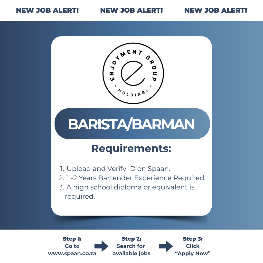#MotivationMonday 🚀
Enjoyment Group Holdings is hiring a Barista / Barman 

📍 Gauteng | 🕒 Full-Time | 📅 Closes 30 Nov

Reqs: 1–2 yrs exp | Friendly | Fast-paced | Spaan ID ✅
Apply via spaan.co.za | 📱 +27 77 449 5964
#Hiring #HospitalityJobs #JobAlertSA