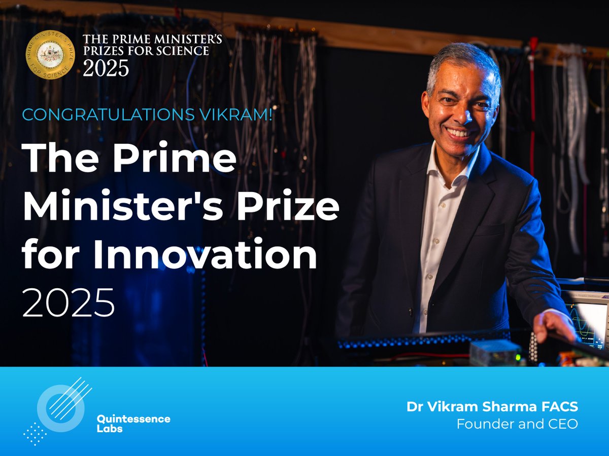 QuintessenceLab's tweet image. Congratulations to Dr Vikram Sharma for receiving the 2025 Prime Minister’s Prize for Innovation. Dr Sharma is recognised for translating deep Australian research in quantum science into world-leading cybersecurity solutions.  hubs.li/Q03Rh2F-0 #PMPrizes
📷: @ScienceGovAu
