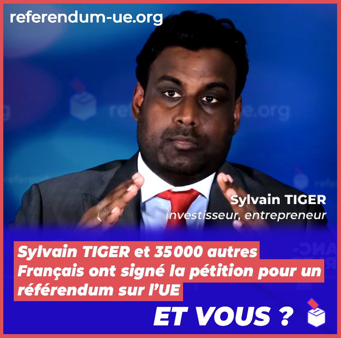 ReferendumUE's tweet photo. 🔴 Investisseur et entrepreneur, Sylvain TIGER a signé notre pétition.
Aujourd'hui, comme + de 35 000 autres citoyens 🇫🇷, signez notre pétition ! Il est temps.
✍️ https://t.co/uef2t99qCF
🗳️ #RefUE #ReferendumUE #IlEstTemps #RefUE20ans #RefUE2005 https://t.co/0qaTz3Nahf