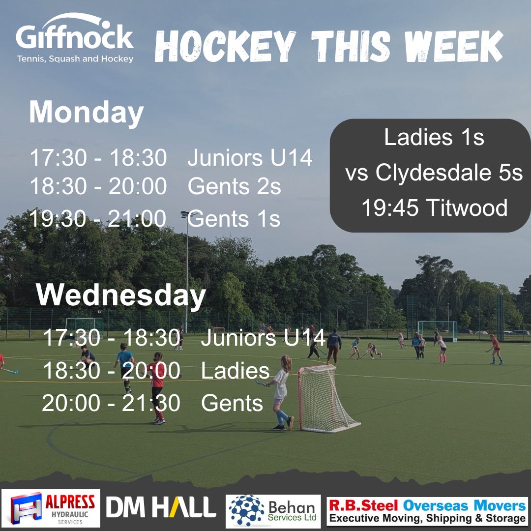 Hockey coaching this week. There will be no ladies training today, as the ladies 1s have an away game and the ladies 2s had a double header at the weekend. The gents 1s will train 7:30pm till 9pm. The gents 2s will train at their normal time 🏑 #TeamGiffnock #fieldhockey
