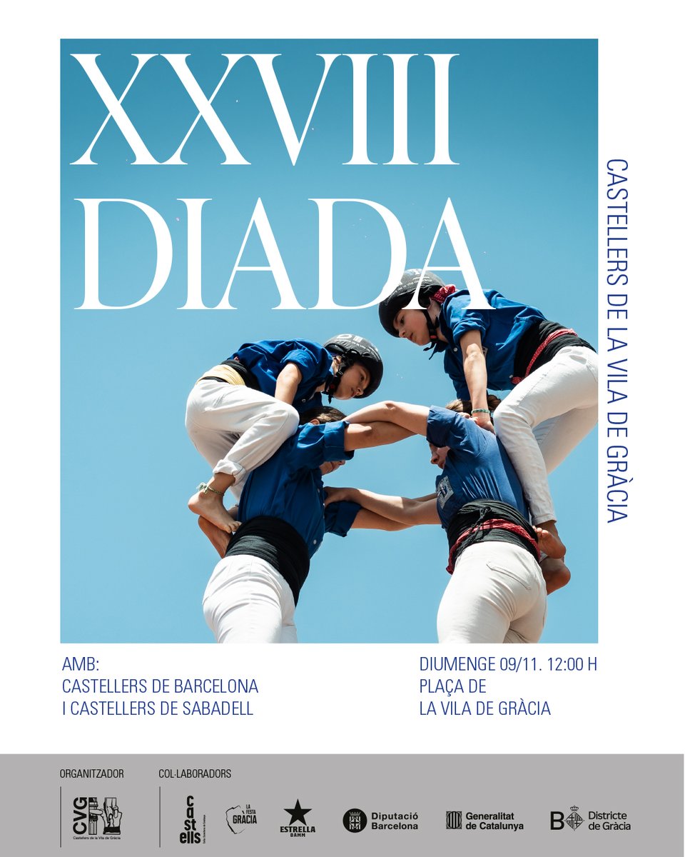Diumenge celebrarem la nostra XXVIII Diada! Com sempre a la nostra estimada Plaça de la Vila, enguany acompanyats de <a href="/CdBCN/">Castellers de Barcelona</a> i <a href="/saballuts/">Saballuts</a>.

Només ens queden 3 assajos per arribar-hi amb el màxim de garanties. Som-hi colla! 

#castells #AixòFaGràcia