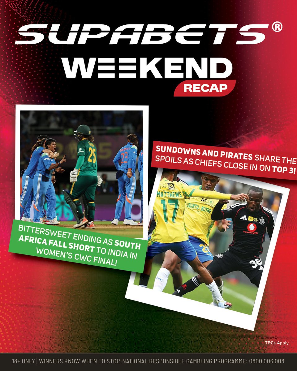 Supabets_mzansi's tweet image. Tough weekend for the Women&apos;s Cricket team as they fell short in the final against India😪While in the PREMIERSHIP, the Brazilians &amp;amp; Sea Robbers shared a point each! What did you like from the weekend&apos;s action?🧐⚽🏏

#WeekendRecap #Oddsandends #BetWithoutRegret #Supabets