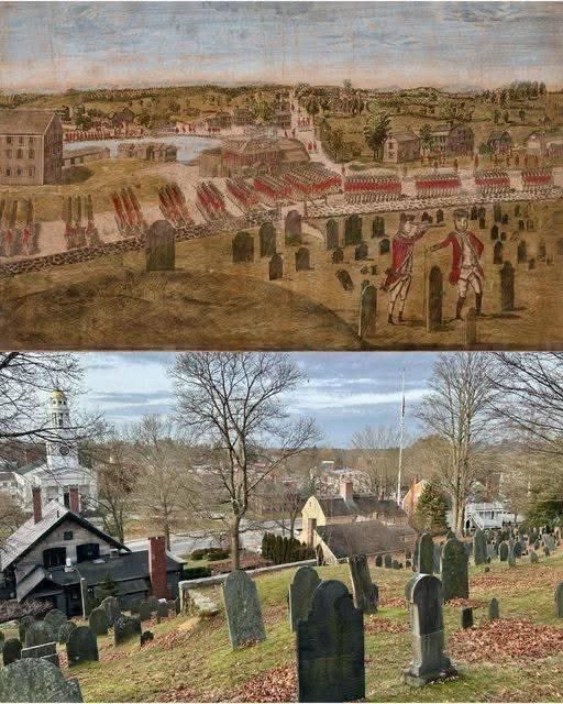 TRHLofficial's tweet image. “The top image is an engraving that was produced in the spring of 1775, showing the British redcoats marching through the town center of Concord, Massachusetts on April 19, 1775.

The engraving was produced by Amos Doolittle, a colonial militiaman who sketched the battlefields of…