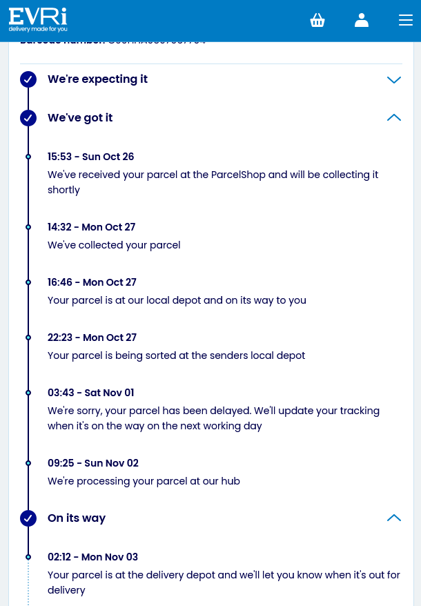 neiltking's tweet photo. I send quite a few parcels with #Evri in the UK and been pleased with their standard parcel delivery. It usually takes between 3 &amp; 4 days to be delivered, which is great. BUT if I use their "next day" service it takes twice as long. Current one is up to 8 days now for "next day"! https://t.co/14wNTzBLHu