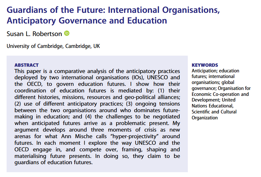GloblSociety's tweet image. Our first monthly pick for November is "Guardians of the Future: International Organisations, Anticipatory Governance and Education" by Susan L. Robertson (@Cambridge_Uni). Be sure to give it a read!

#OpenAccess #Anticipation #Governance

tandfonline.com/doi/full/10.10…