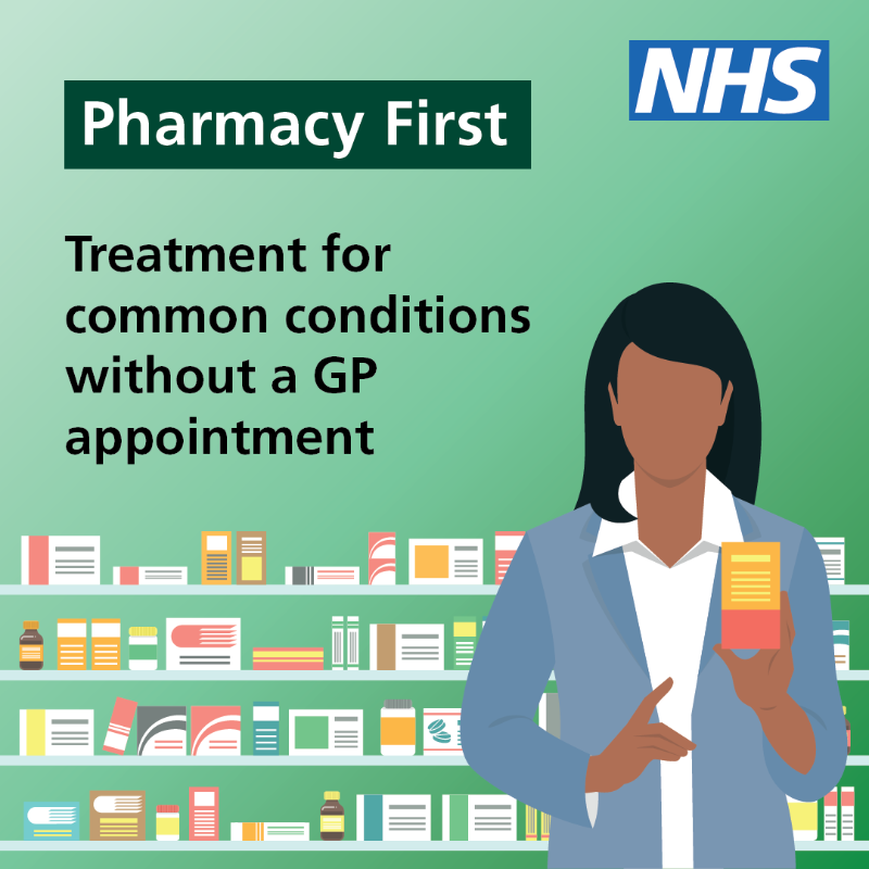 NHSuk's tweet photo. Your pharmacist can provide treatment or some prescription medicine, if needed, for seven common conditions - without you seeing a GP. 

Think pharmacy first and get seen by your local community pharmacy team. #AskYourPharmacist