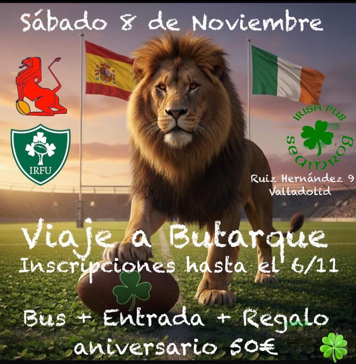 Si quieres ir a Butarque a ver el partido del sábado entre <a href="/ferugby/">España Rugby</a> e <a href="/IrishRugby/">Irish Rugby</a> e ir haciendo boca para el día 15, aquí te dejamos una propuesta interesante. 

➡️🚐 Salida a las 11 horas
⬅️🚐 Llegada a Valladolid sobre las 23:30