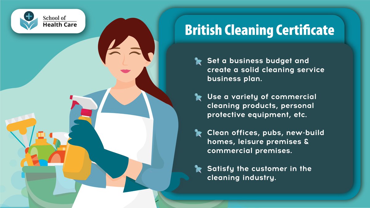 SchoolOfHealthC's tweet photo. Every clean space starts with someone who cares. 

Turn your skills into a career with the British Cleaning Certificate.

#CleaningSkills #ProfessionalTraining https://t.co/PNxulyiuDz