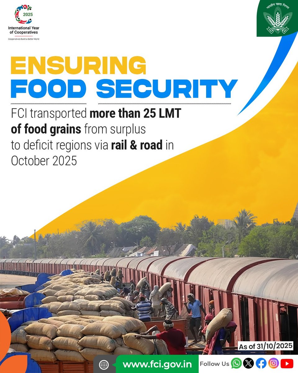 Food Corporation of India plays a vital role in the country's food security by efficiently transporting food grains from surplus areas to deficit areas. 

#Movement #FoodSecurity #UPDATE