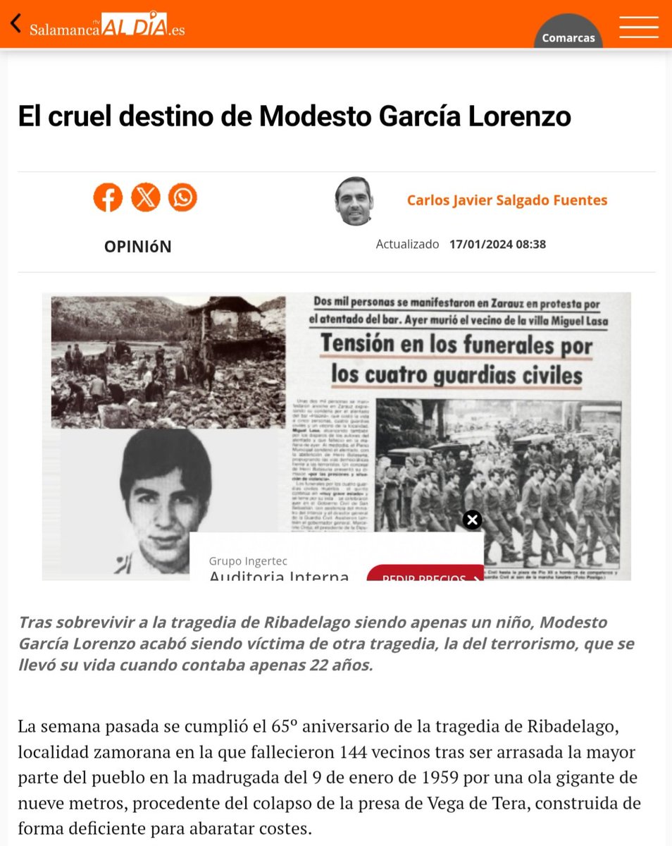16. Modesto García de 22 años era de Ribadelago (Zamora), estaba soltero. He encontrado esta información de él, resulta que de niño fue superviviente de la tragedia que vivió su pueblo por una ola gigante que se llevó por delante la vida de 144 vecinos 😓
salamancartvaldia.es/noticia/2024-0…