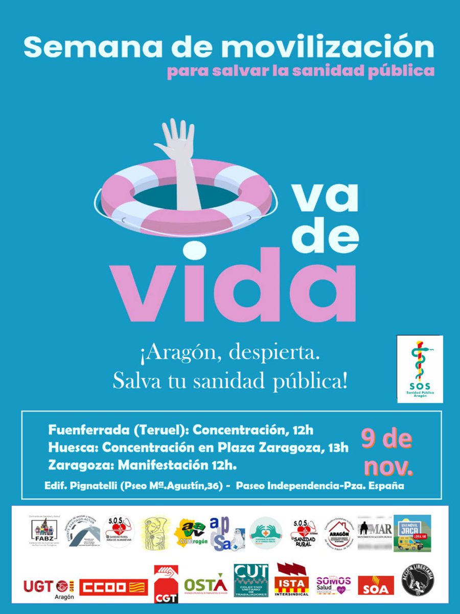La sanidad pública está en una situación crítica. Toca salir a la calle a defenderla, porque nos va la vida en ello.

✊Este 9 de noviembre únete a las movilizaciones convocadas en varios puntos de Aragón.

¡Salvemos nuestra sanidad pública!
