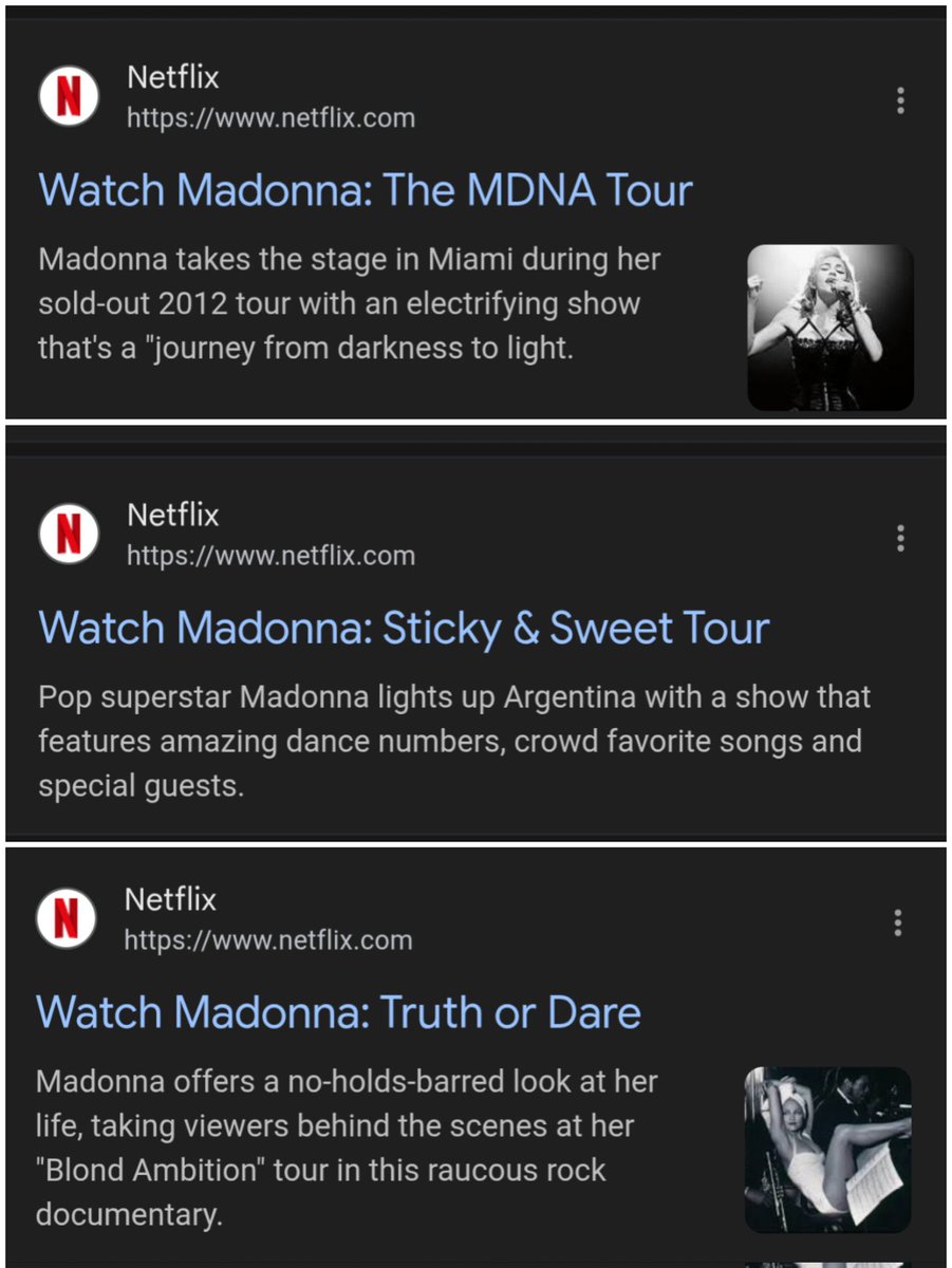 are our pleads answered? Fans reporting that now you can find links on Netflix for some of Madonna’s tours ! Not working yet…but there !