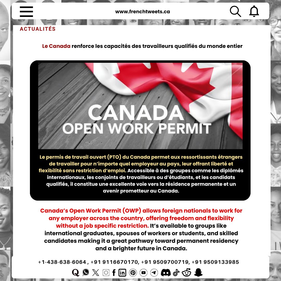 frenchtweets1's tweet image. One permit. Endless possibilities. 💼 Welcome to Canada’s open work era!
#canadaimmigration #openworkpermit #workincanada #canadaworkpermit #ircc #canadanews #immigrationupdate #canadapr #canadajobs #globaltalent #studyincanada #move2canada #canadalife #canadadream #frenchcoach