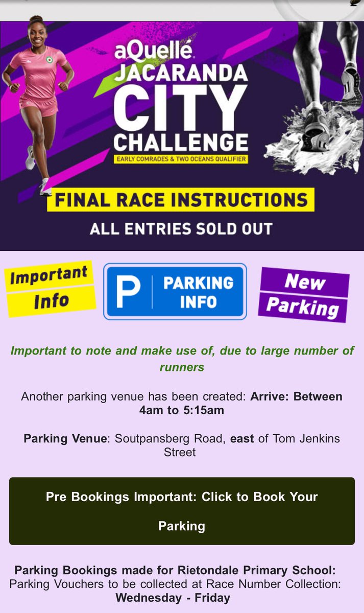 farananiac1's tweet photo. More secured parking available. Buy your ticket now on the following link: 
https://t.co/a4a6gDxBOu

It's just up the road from the race venue next to DIRCO OR Tambo Building:
https://t.co/WLdn39B0xC

#aQuellé #JacarandaCityMarathon #FarananiAC #SportsVendo #WeRunTshwane https://t.co/QaIAuK77JD