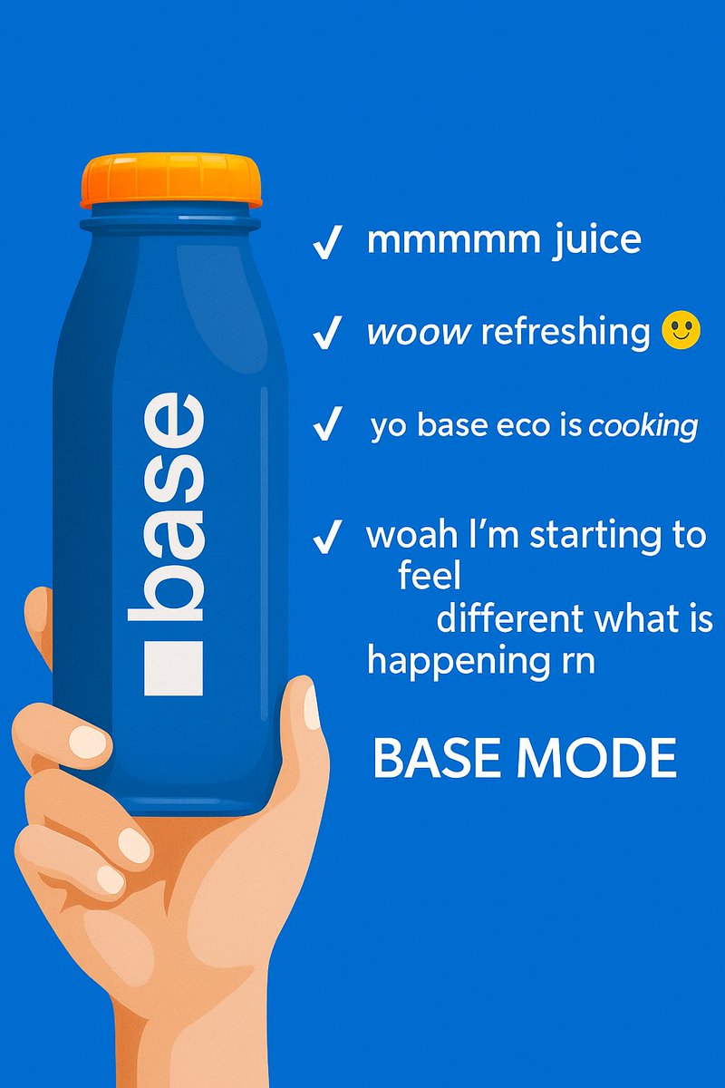 Immthi3ns0n's tweet image. BASE MODE: ACTIVATED 🧃💥
One sip and suddenly you’re in the flow — feeling the energy, the creativity, the vibe of the Base ecosystem.
It’s not just about tech - it’s about community, collaboration, and building something bigger together.
Join the movement. Step into #BaseMode…