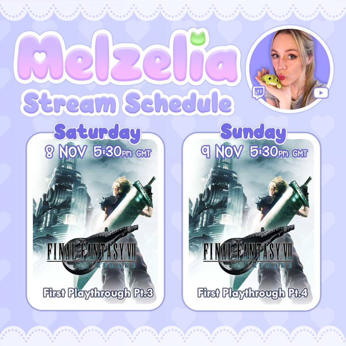 ✨Stream Schedule✨
🐸Back to Saturdays &amp; Sundays
🐸FFVII Remake Remake Remake
🐸Melzelia on 🟣Twitch🟣 &amp; 🔴Youtube🔴

#ffvii #ffviiremake #squareenix #finalfantasy #twitch #youtube