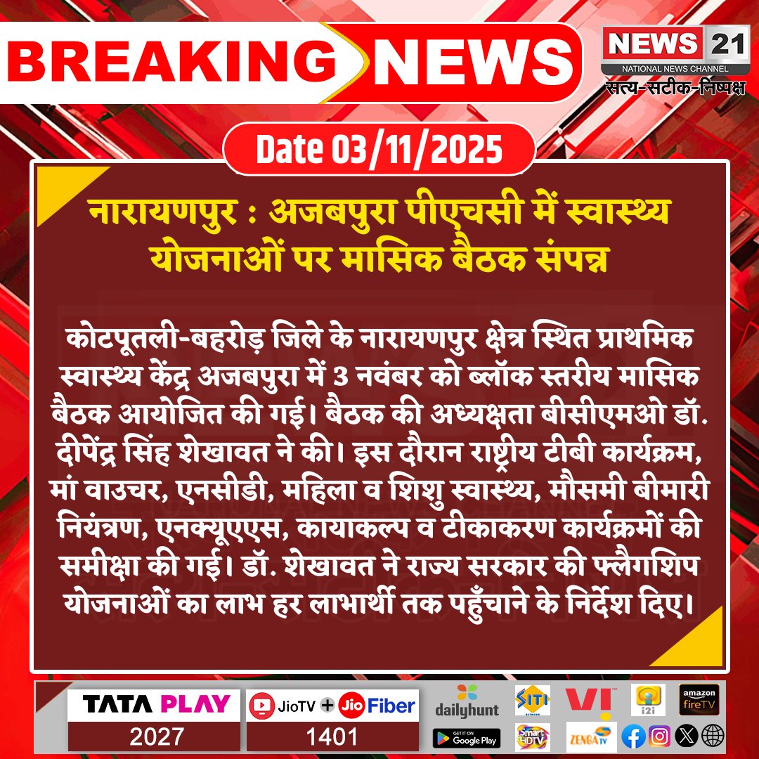 news21national's tweet photo. #Narayanpur: अजबपुरा पीएचसी में स्वास्थ्य योजनाओं पर मासिक बैठक संपन्न
#HealthMeeting #PHCAjabpura #PublicHealth #GovernmentPrograms #HealthcareAwareness #KotputliBehror #BreakingNews #LatestNews #HindiNews #News21 #News21National https://t.co/eOGusOKlfr