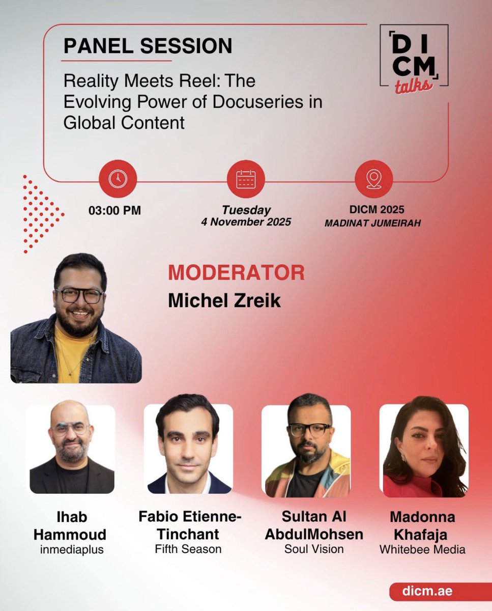 يسعدني المشاركة في جلسة حوارية ضمن سوق دبي الدولي للمحتوى (DICM 2025) بعنوان:
 «حين يلتقي الواقع بالشاشة: القوة المتطورة للمسلسلات الوثائقية في صناعة المحتوى العالمي»

📍 مدينة جميرا – دبي
🗓 الثلاثاء ٤ نوفمبر ٢٠٢٥
الساعة ٣:٠٠ مساءً
<a href="/DICM_AE/">Dubai International Content Market</a> 
#DICM2025