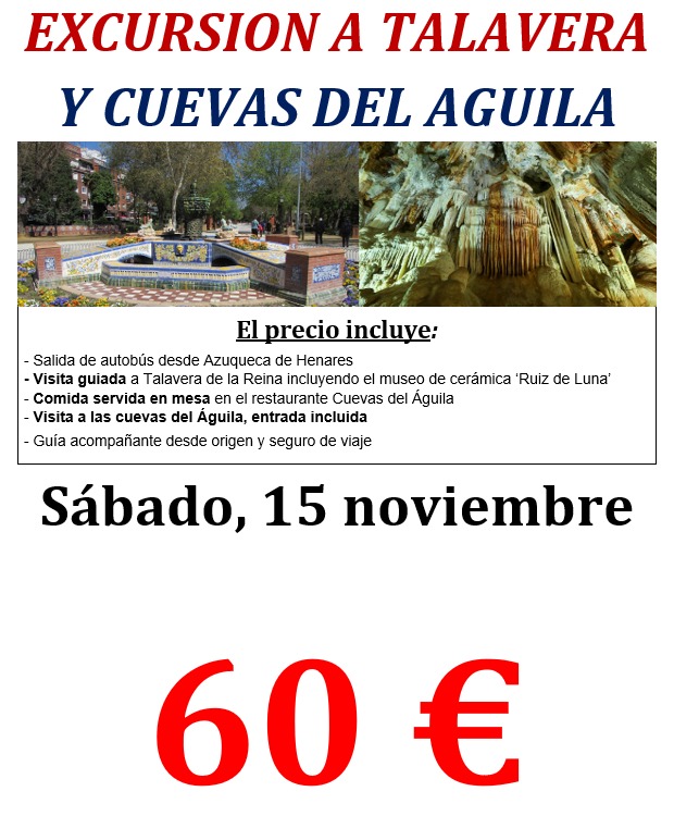 aytoquer's tweet image. 🌿 ¡Excursión de la Asociación de Mayores y Pensionistas de Quer! 🚍✨
🗓️ Sábado 15 nov → Talavera y Cuevas del Águila.
Incluye visita guiada, comida, entrada y seguro.
💶 60 €
📞 Toni 622671595 / José Antonio 600607946
#Quer #Excursión #Talavera #CuevasDelÁguila
