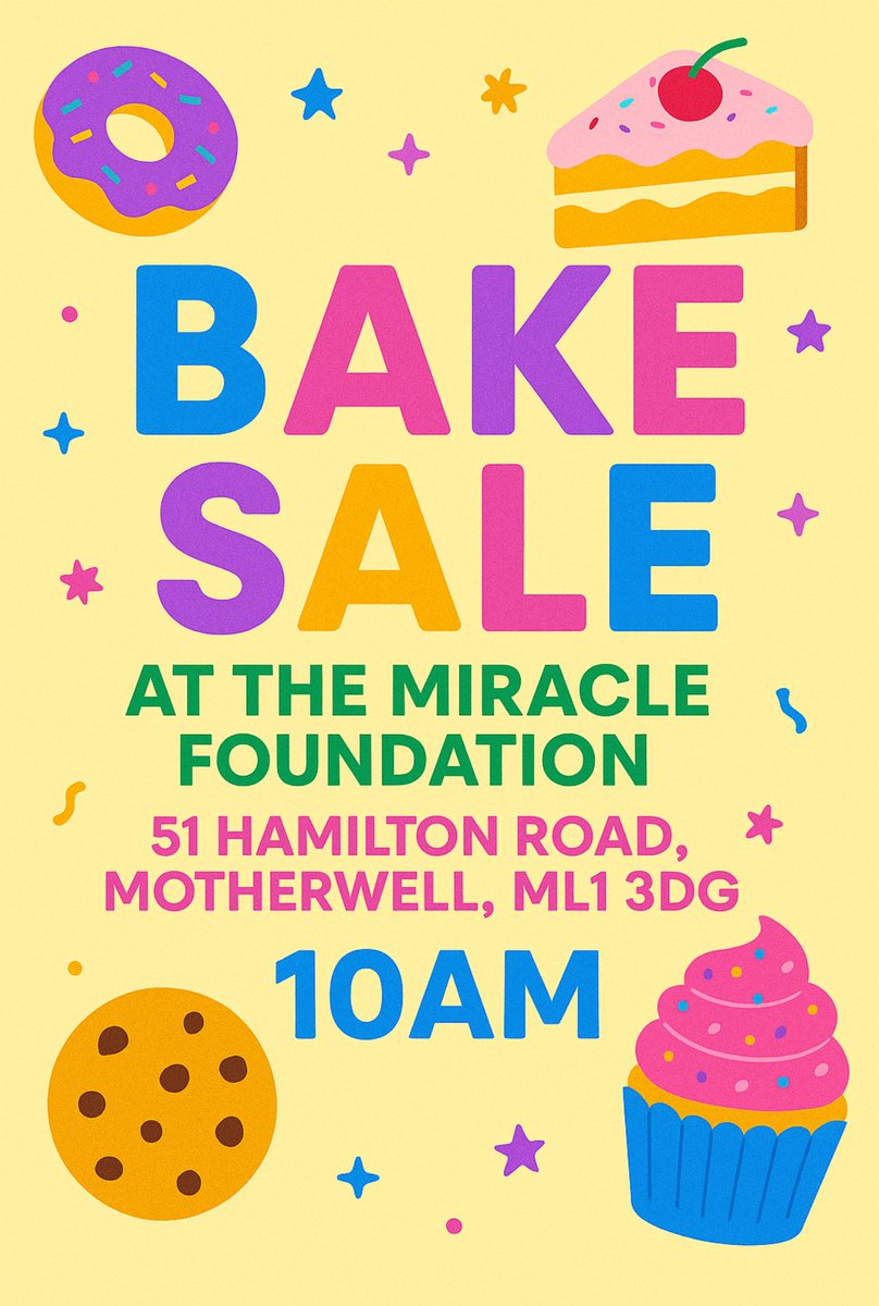 🧁 “Every slice, every cookie, every smile helps a child heal.” 💛

Join us on the 28th November at The Miracle Foundation, 51 Hamilton Road, Motherwell — from 10am!
Your sweet tooth can help us raise vital funds to support free trauma-informed therapy for children and young