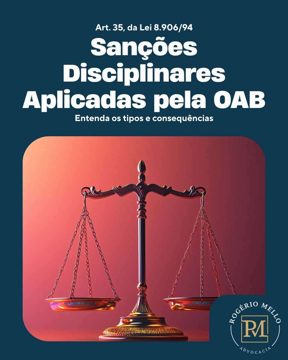 rogmelloadv's tweet image. ⚖️ A OAB pode aplicar quatro sanções disciplinares ao advogado: censura, suspensão, exclusão e multa.
Todas exigem processo ético com contraditório e ampla defesa — pilares da advocacia responsável.
 #OAB #TribunalDeÉtica #DireitoSancionador #RogérioMelloAdvocacia