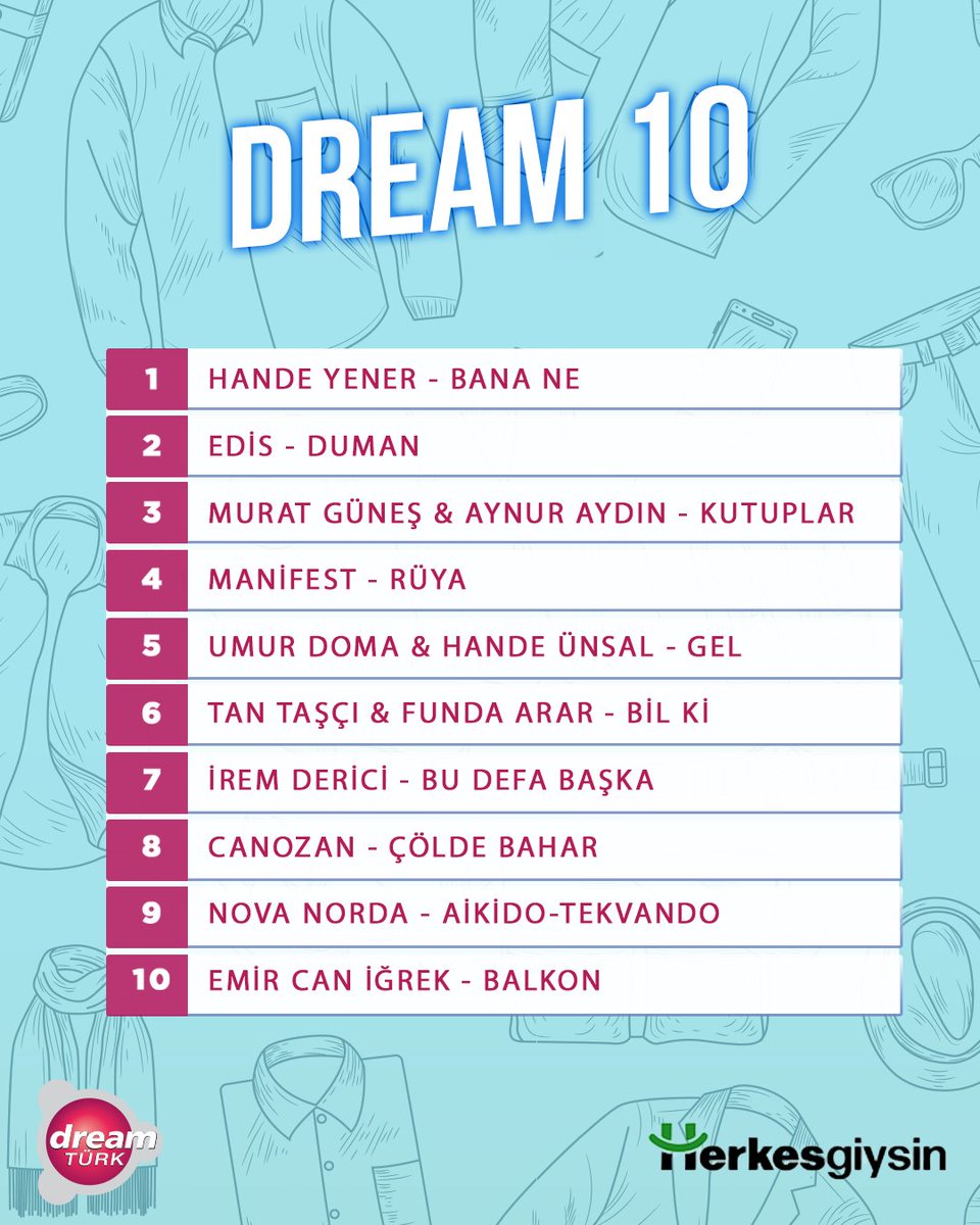 İzleyicilerimizin isteklerinden oluşan ''Dream10'' listemiz bu hafta birbirinden çarpıcı şarkılar ile dolu… 😍

Dinlerken keyif aldığın 10 özel şarkı işte tam burada!

Onur Kırış’ın sunumuyla #Dream10 her gün 12.00 ve 19.00'da #DreamTürk'te! ❤️