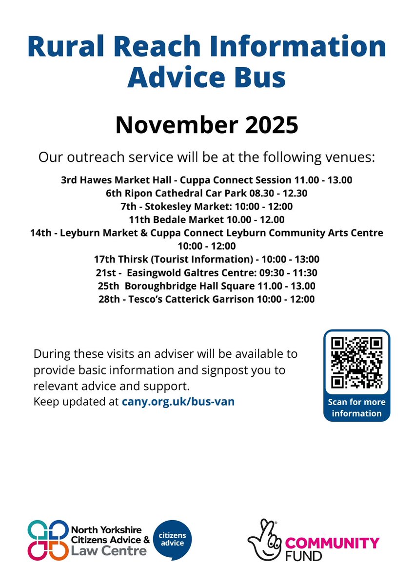 Wondering where the #RuralAdviceBus will be visiting this #November?

Here is our timetable. For more information visit cany.org.uk/bus-van/