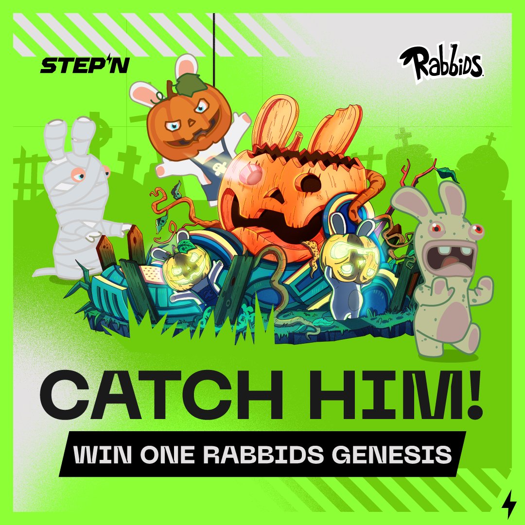 Stepnofficial's tweet image. We thought we got them all… The BWAHlloween invasion was over… the app was calm… the screaming had stopped.

But one Pumpkin @RabbidsOfficial escaped! He’s loose in STEPN, running wild, and flinging plungers. 

Rumour says he tripped into a cauldron... and turned into a…