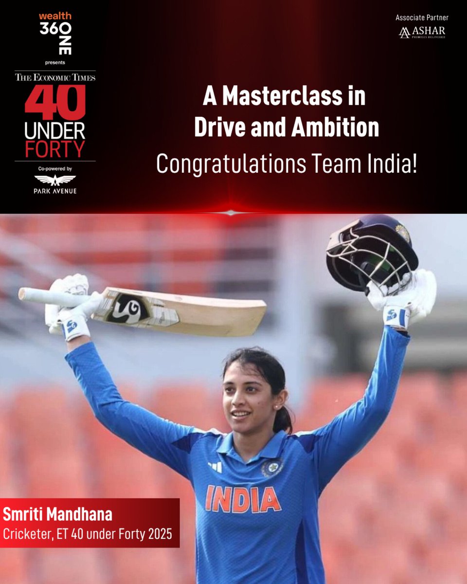 ETFrontRow's tweet image. A glorious win for India, with @mandhana_smriti, part of this year’s #ET40underForty list, adding her magic to the moment. 

Your grit and determination has inspired a generation!

@360ONEWealth @parkavenueindia @GroupAshar @EconomicTimes