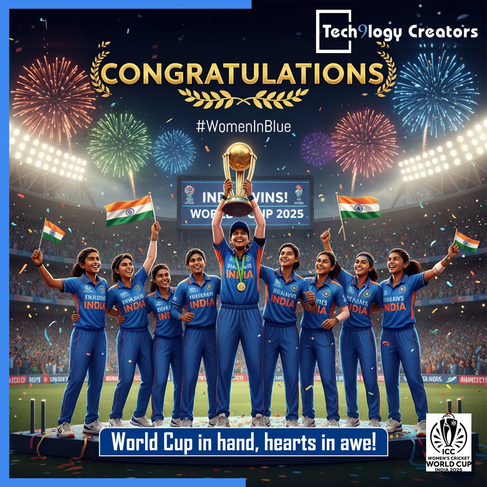 t9lcreators's tweet image. A big congratulations to the champions of the world! 🇮🇳🏆 
The Indian Women&apos;s team has just written history with pride, power, and heart💙✨

#Tech9logyCreators #WomenInBlue #TeamIndia #WorldCup #WorldChampions #Winners #Champions #WorldCup2025 #IndvsSa #Finals