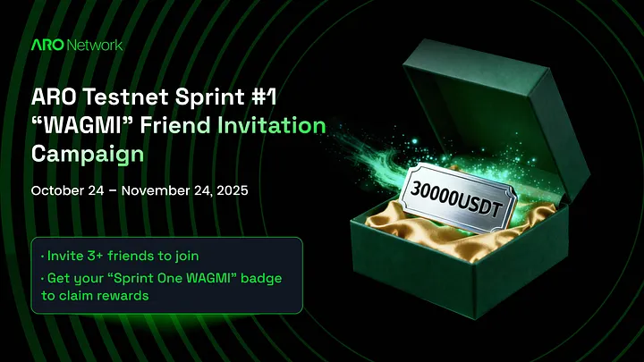 TitusNoderunner's tweet photo. ARO Testnet Sprint #1 'WAGMI' is LIVE! 
Here's how to join:⤵️
1. Get your referral link
2. Invite 3 active friends
3. Complete tasks (register, socials, 5-day node, Discord)
4. Claim your badge &amp; reward!
Ends Nov 24. Don't miss out! https://t.co/9fn3Ghenrb