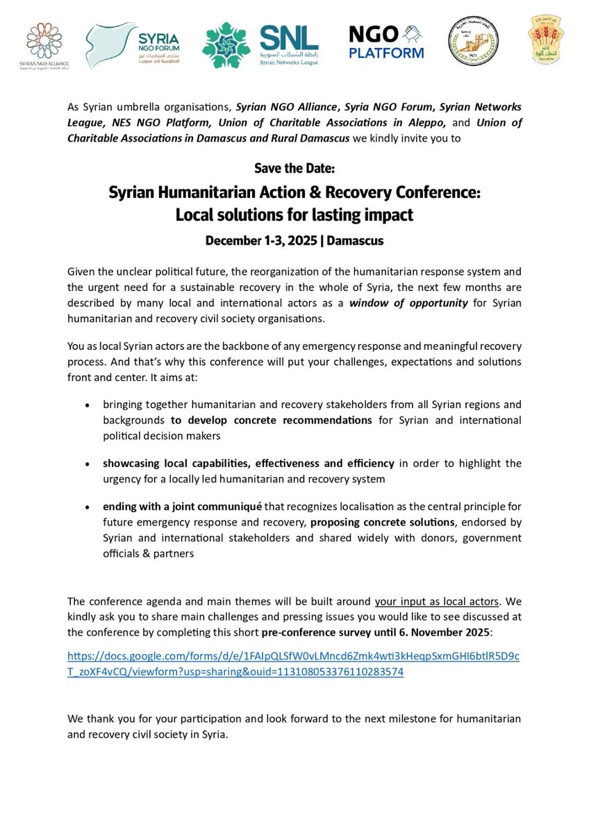 syriannetworks's tweet photo. Save the Date &amp; Survey: Syrian Humanitarian Action &amp; Recovery Conference 2025

We are pleased to invite you to take part in the Survey on Challenges and Priorities of Syrian Civil Society for the upcoming Syrian Humanitarian Action &amp; Recovery Conference: https://t.co/dd7huuS6TA
