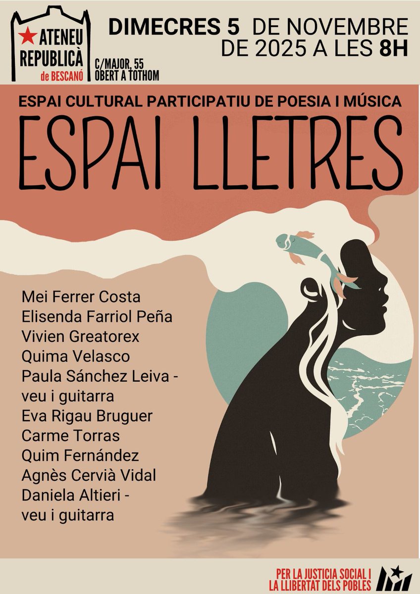 Bon dia ☀️
Aquest dimecres 5 de novembre a les 8 del vespre torna ESPAI LLETRES a l’Ateneu!
Un espai cultural participatiu de poesia i música per compartir i gaudir. Us hi esperem!
#Bescanó