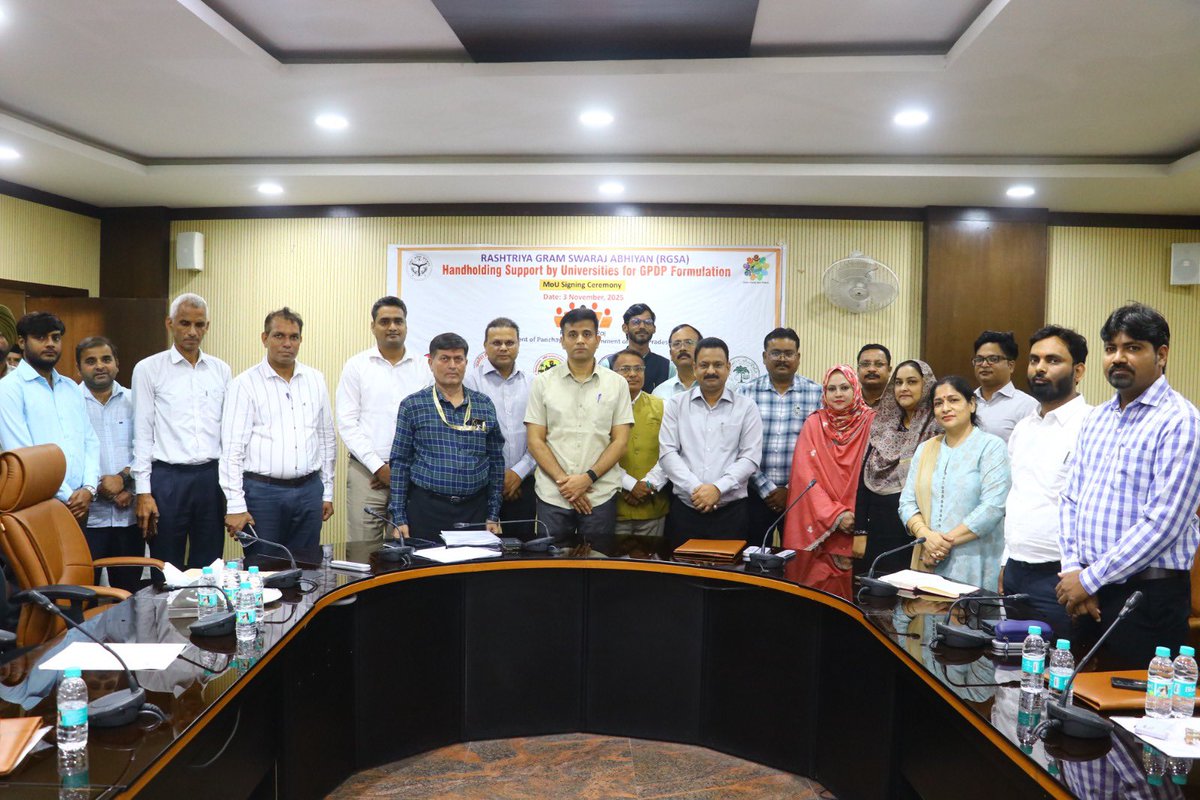 A milestone collaboration under the RGSA initiative.
Panchayati Raj Department UP, signs MoU with leading universities- RMLAU, BHU, AMU, LU, BU &amp; BBAU to enhance the effectiveness of GPDP (Gram Panchayat Development Plans) through research &amp; innovation. 

#RGSA #SmartGovernance
