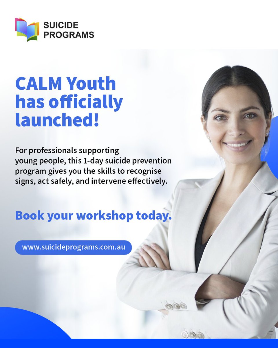 suicideprograms's tweet photo. Support, recognise, act.
CALM Youth gives professionals the skills to help young people in crisis.
Book your workshop today - https://t.co/8qov5TYJZN

#CALMYouth #YouthSuicidePrevention #MentalHealthTraining #SuicideIntervention #MentalHealthProfessionals #SuicidePrograms https://t.co/iaKj31uJt4